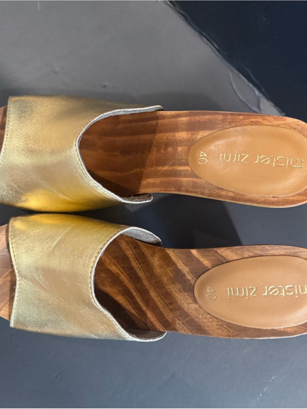 Mister Zimi Metallic Gold Wood-Effect Slide Mules